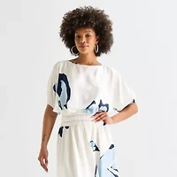 Worthington Womens Boat Neck Elbow Sleeve Satin Blouse