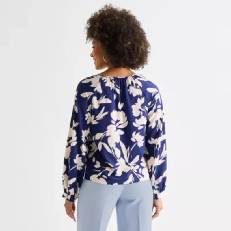 Worthington Womens Split Tie Neck Long Sleeve Blouse