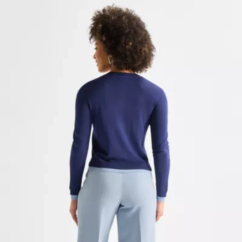 Worthington Womens Crew Neck Long Sleeve Button Cardigan