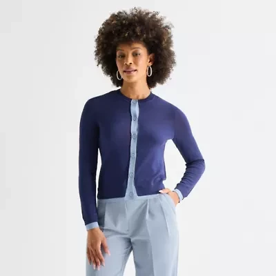 Worthington Womens Crew Neck Long Sleeve Button Cardigan