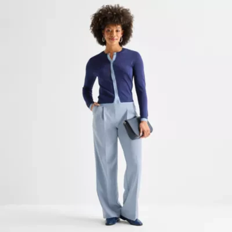 Worthington Womens Crew Neck Long Sleeve Button Cardigan