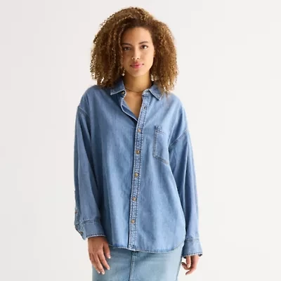 a.n.a Womens Cuffed Long Sleeve Button-Down Shirt