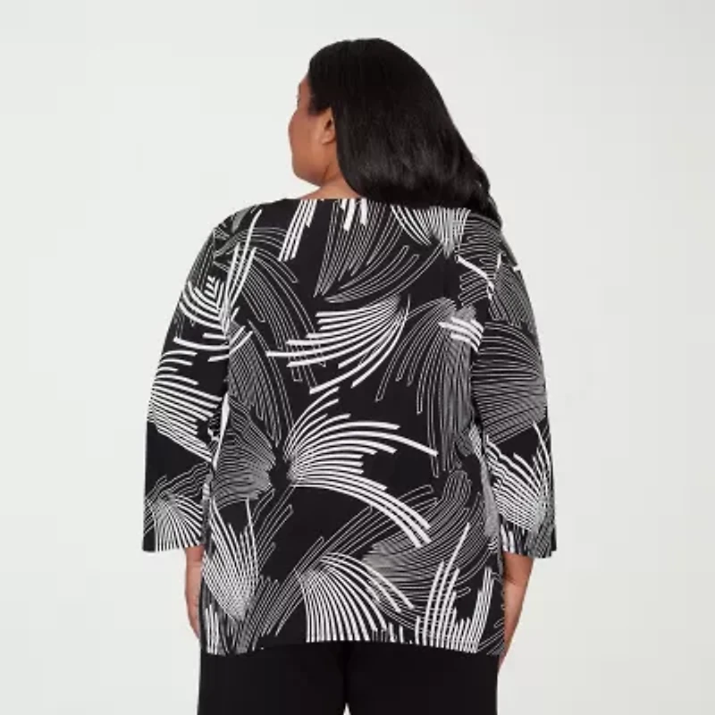 Alfred Dunner Classics Womens Plus Crew Neck 3/4 Sleeve T-Shirt