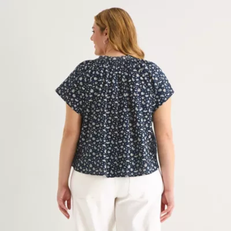 a.n.a Womens Plus Split Crew Neck Short Sleeve Blouse