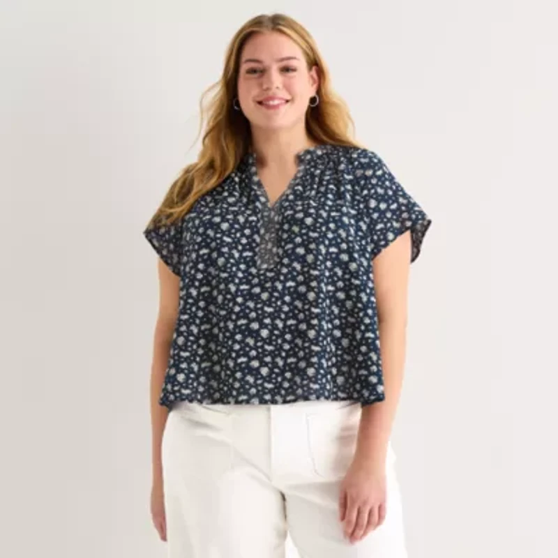 a.n.a Womens Plus Split Crew Neck Short Sleeve Blouse