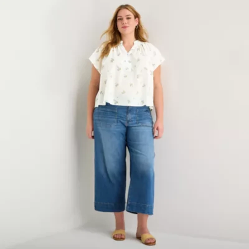 a.n.a Womens Plus Split Crew Neck Short Sleeve Blouse