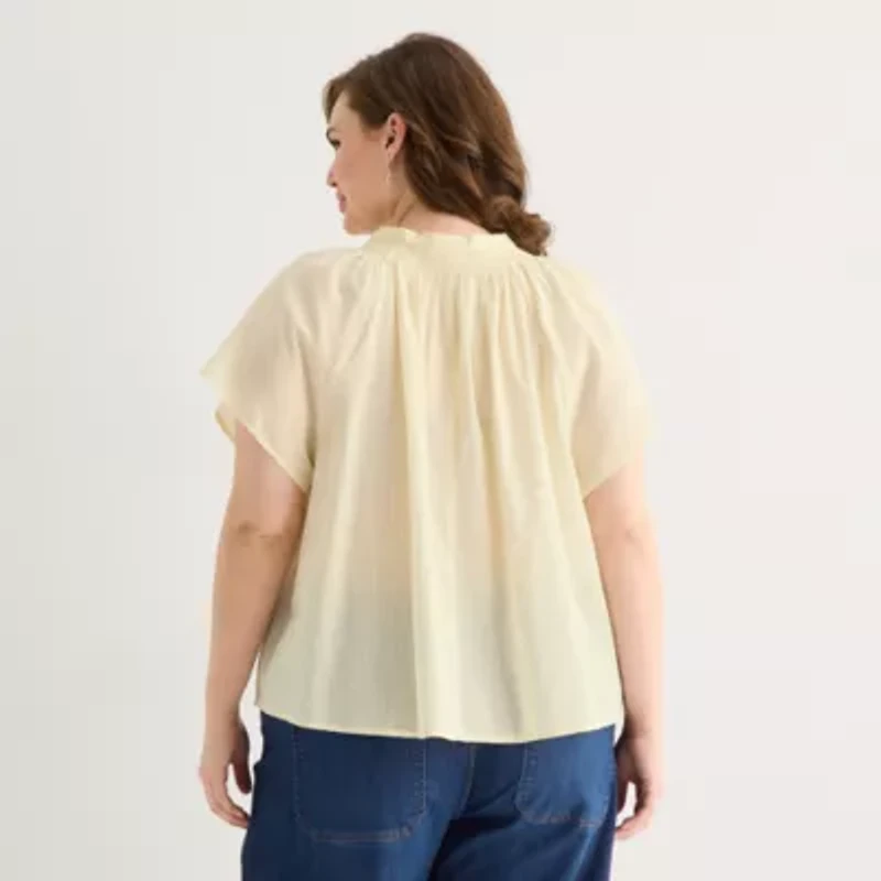 a.n.a Womens Plus Split Crew Neck Short Sleeve Blouse