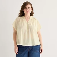 a.n.a Womens Plus Split Crew Neck Short Sleeve Blouse