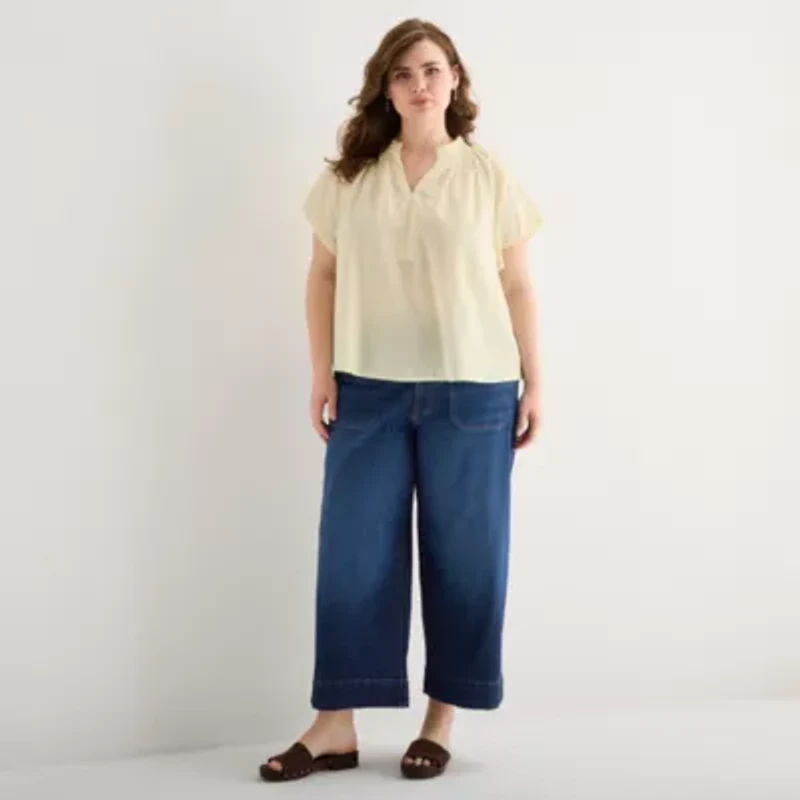 a.n.a Womens Plus Split Crew Neck Short Sleeve Blouse