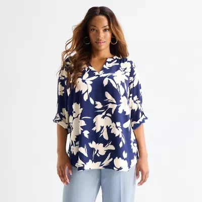 Worthington Womens Plus Split Crew Neck 3/4 Sleeve Blouse