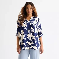 Worthington Womens Plus Split Crew Neck 3/4 Sleeve Blouse