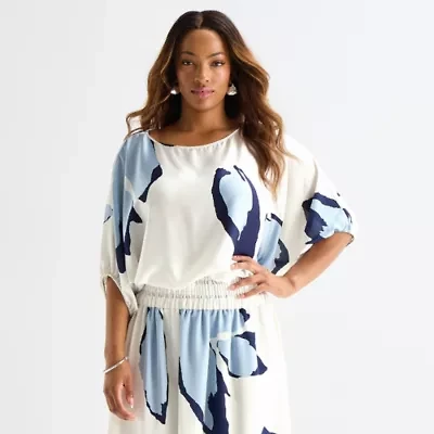 Worthington Womens Plus Round Neck Long Sleeve Satin Blouse