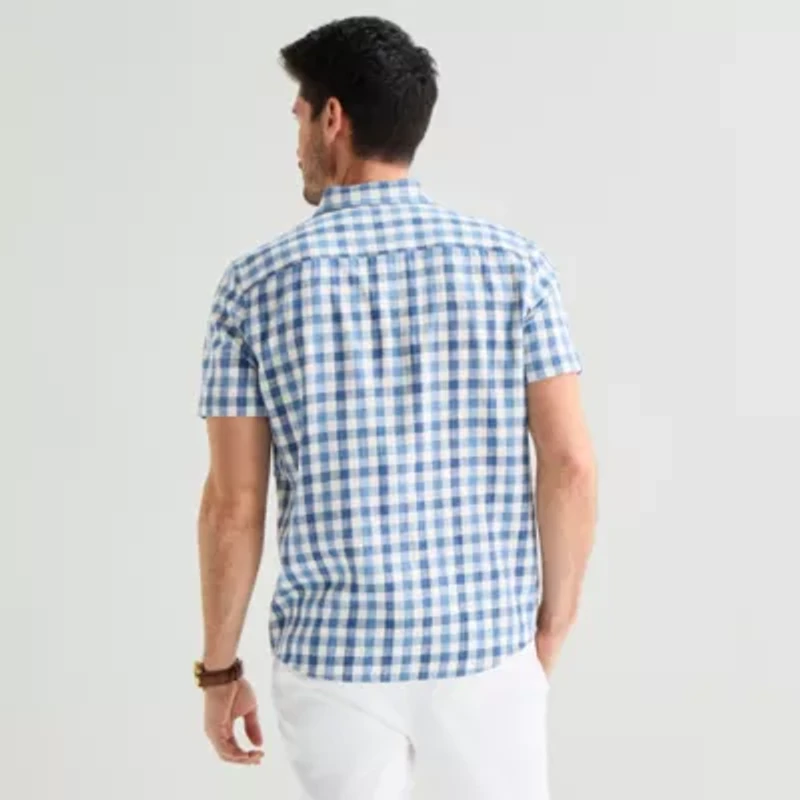 St. John's Bay Texture Gingham Mens Short Sleeve Classic Fit Button-Down Shirt