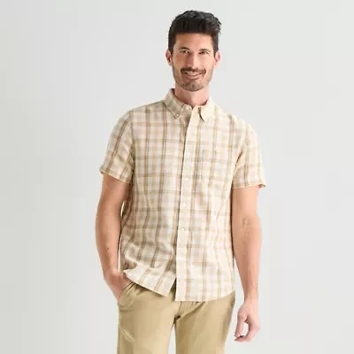 St. John's Bay Texture Gingham Mens Short Sleeve Classic Fit Button-Down Shirt