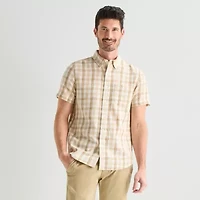 St. John's Bay Texture Gingham Mens Short Sleeve Classic Fit Button-Down Shirt