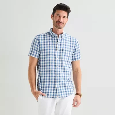 St. John's Bay Texture Gingham Mens Short Sleeve Classic Fit Button-Down Shirt