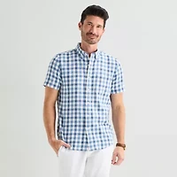 St. John's Bay Texture Gingham Mens Short Sleeve Classic Fit Button-Down Shirt