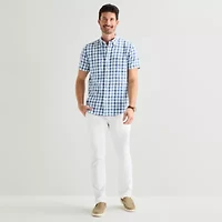St. John's Bay Texture Gingham Mens Short Sleeve Classic Fit Button-Down Shirt