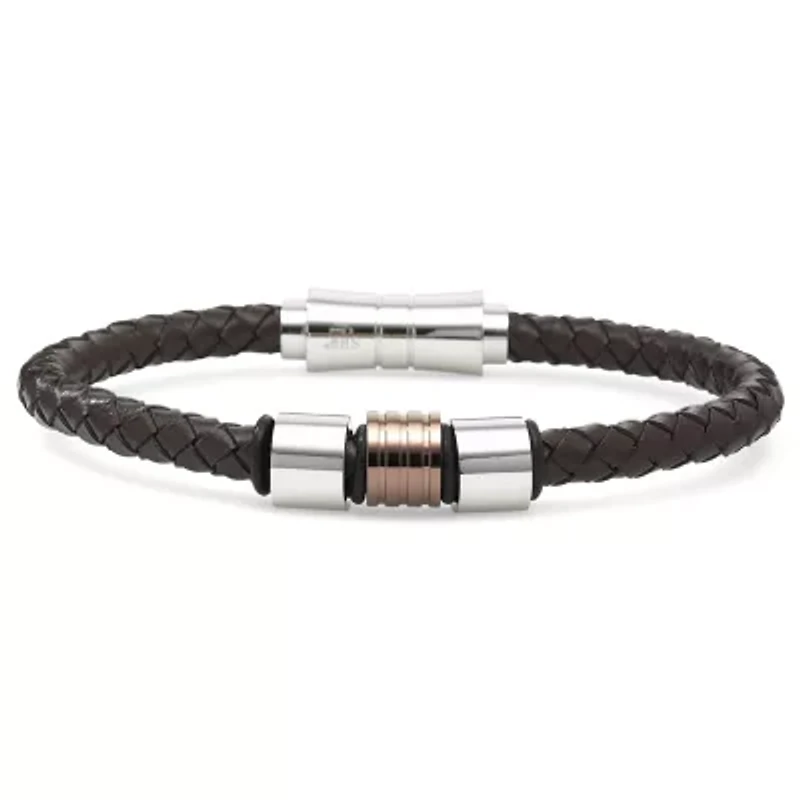 Mens Leather & Stainless Steel Fashion Bracelet