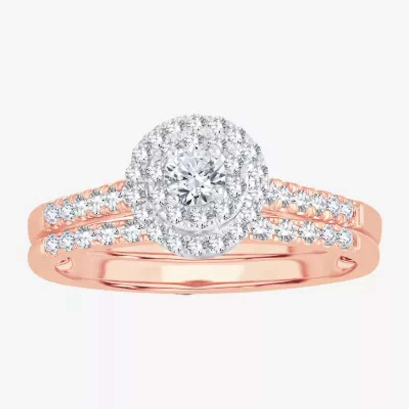 Round 1/2 CT.T.W. Natural Diamond Side Stone Halo Bridal Set 10K or 14K Gold