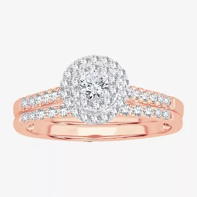 Round 1/2 CT.T.W. Natural Diamond Side Stone Halo Bridal Set 10K or 14K Gold