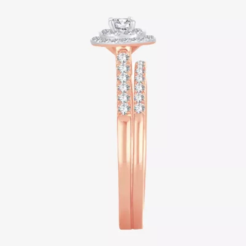 Round 1/2 CT.T.W. Natural Diamond Side Stone Halo Bridal Set 10K or 14K Gold