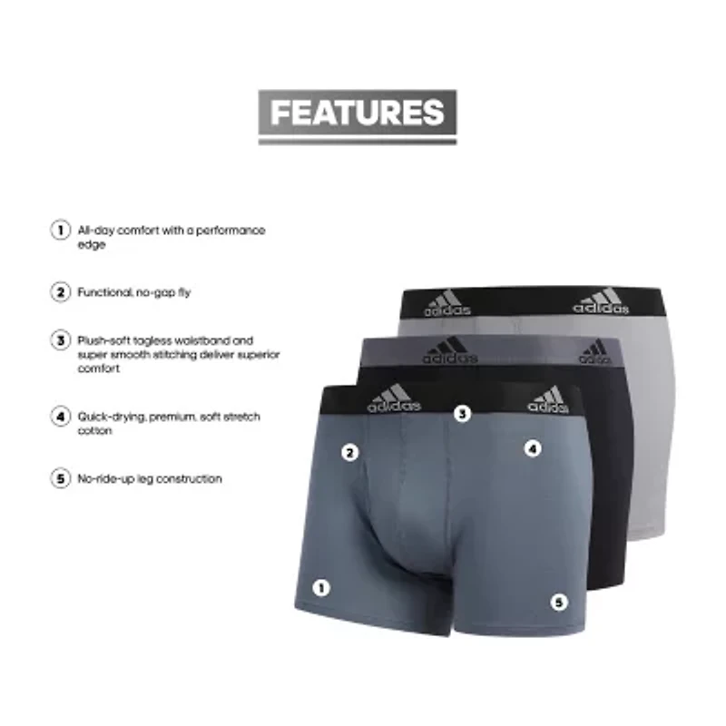 adidas Performance Cotton Mens 3 Pack Multi-Pack Comfort Waistband Stretch Fabric Trunks 5152382a