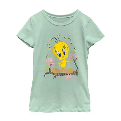 Tweety Little & Big Kid Girls Crew Neck Short Sleeve Regular Fit Looney Tunes Graphic T-Shirt