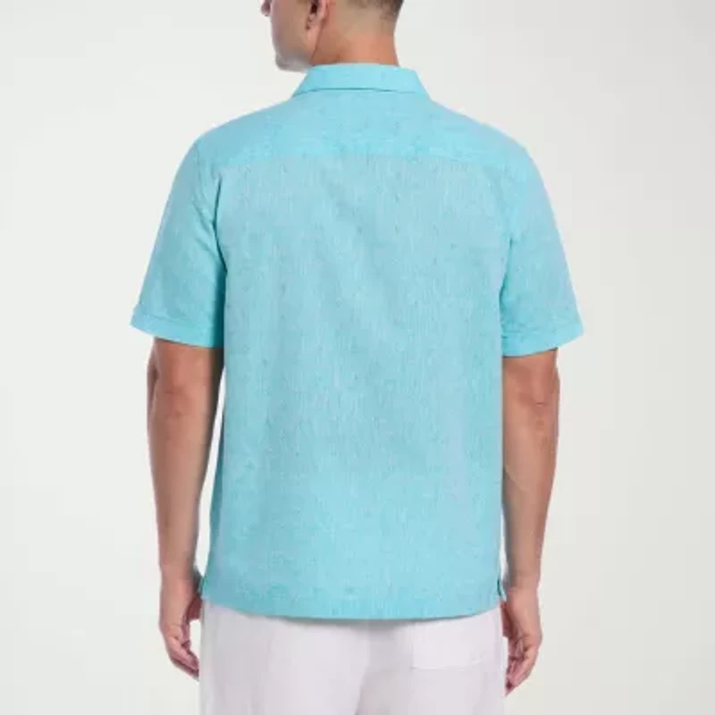 Cubavera Linen Blend Diamond Dobby Mens Short Sleeve Regular Fit Button-Down Shirt
