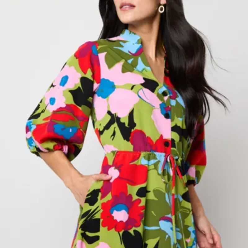 52seven Womens Elbow Sleeve Floral Midi Fit + Flare Dress