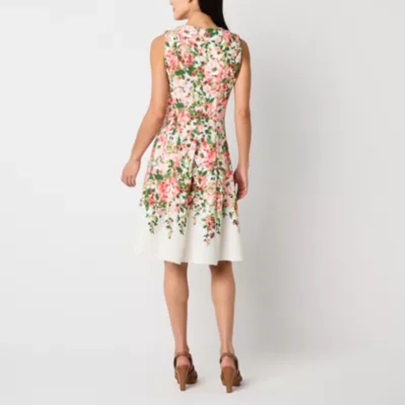 Studio 1 Womens Sleeveless Floral Midi Fit + Flare Dress