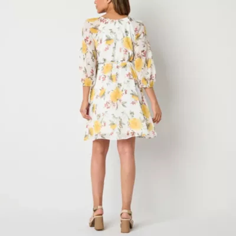 Studio 1 Womens 3/4 Sleeve Floral Fit + Flare Dress
