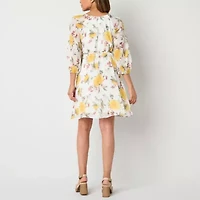 Studio 1 Womens 3/4 Sleeve Floral Fit + Flare Dress