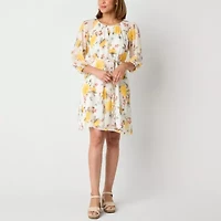 Studio 1 Womens 3/4 Sleeve Floral Fit + Flare Dress