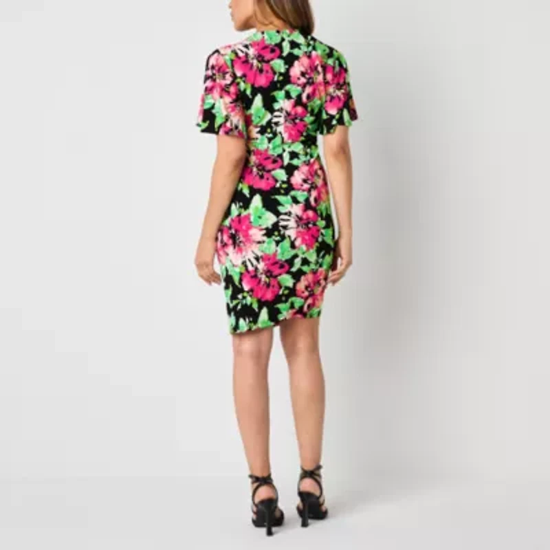 Black Label by Evan-Picone Womens Short Sleeve Floral Sheath Dress