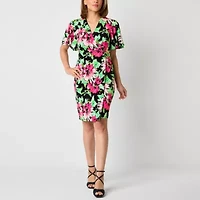 Black Label by Evan-Picone Womens Short Sleeve Floral Sheath Dress