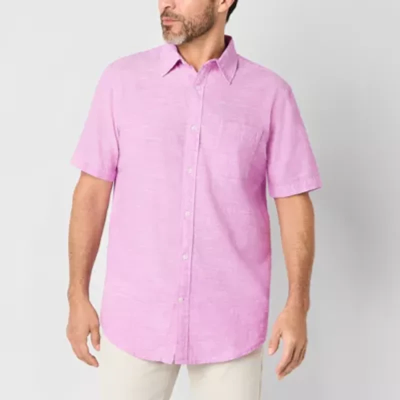 St. John's Bay Linen Blend Mens Short Sleeve Classic Fit Button-Down Shirt