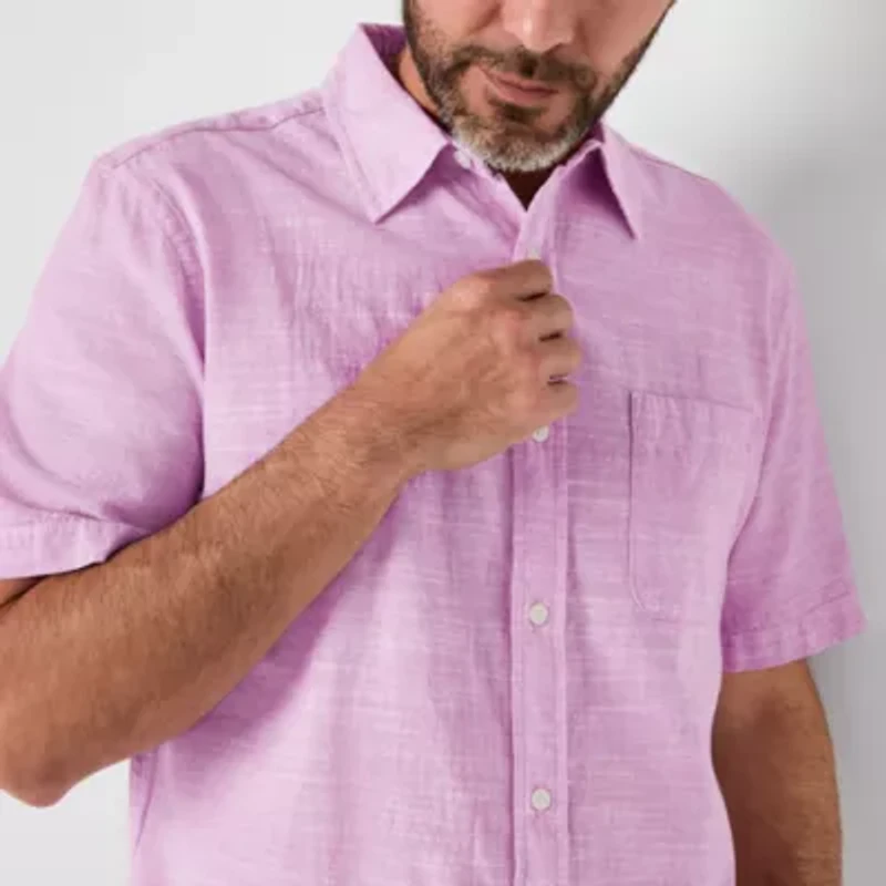 St. John's Bay Linen Blend Mens Short Sleeve Classic Fit Button-Down Shirt