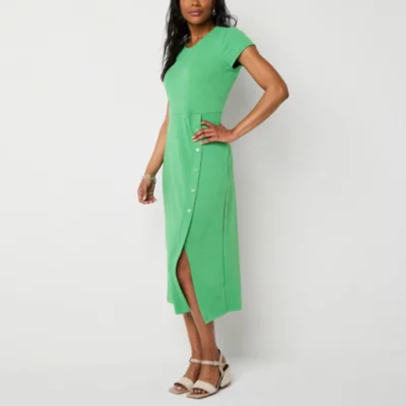 Liz Claiborne Womens Short Sleeve Midi A-Line Dress