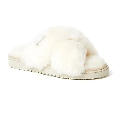 Dearfoams Fireside Newcastle Crossband Genuine Shearling Womens Memory Foam Slip-On Slippers
