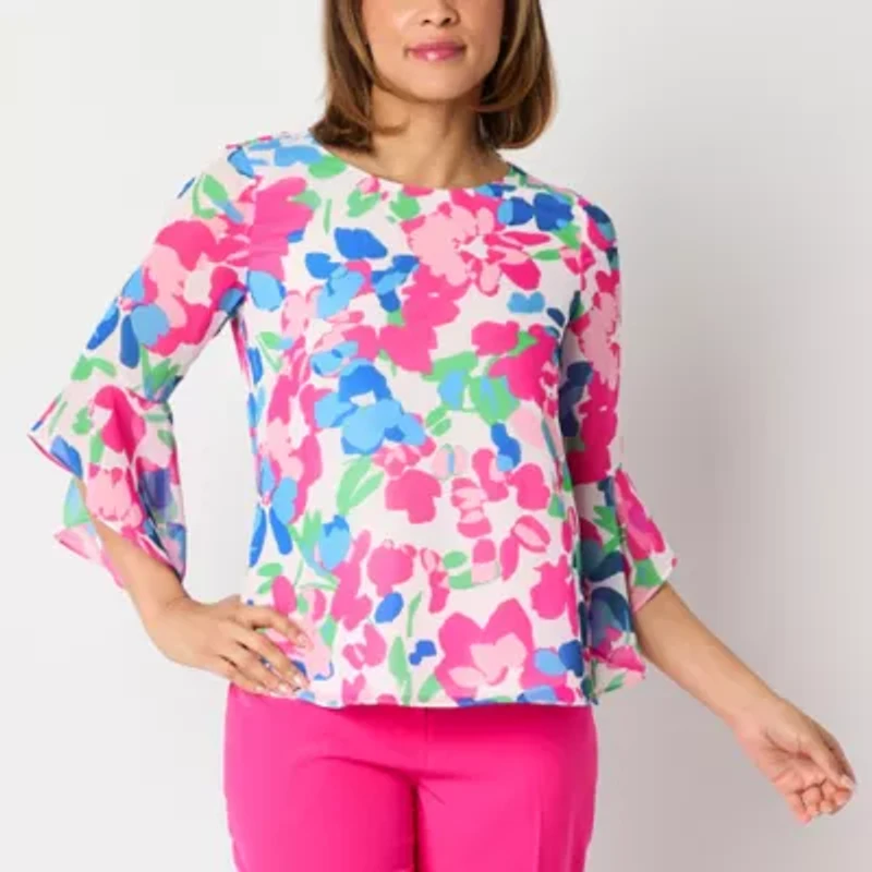 Black Label by Evan-Picone Womens Crew Neck 3/4 Sleeve Blouse