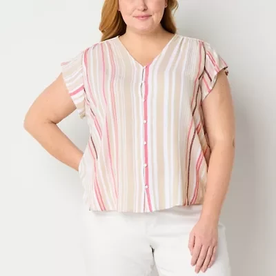 Liz Claiborne Womens Plus V Neck Short Sleeve Blouse