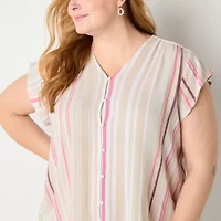 Liz Claiborne Womens Plus V Neck Short Sleeve Blouse