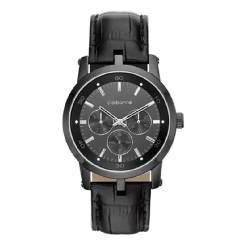 Claiborne® Mens Black Leather Strap Watch