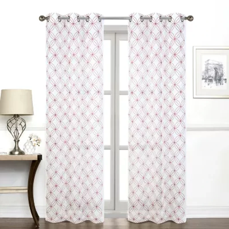 Regal Home Perth Geometric Embroidery Grommet Top Sheer Set of 2 Curtain Panel