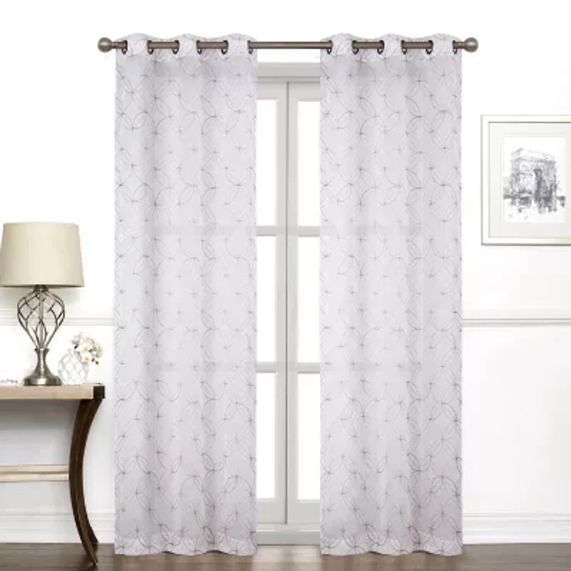 Regal Home Perth Geometric Embroidery Grommet Top Sheer Set of 2 Curtain Panel