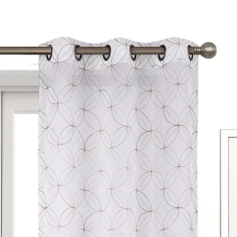 Regal Home Perth Geometric Embroidery Grommet Top Sheer Set of 2 Curtain Panel