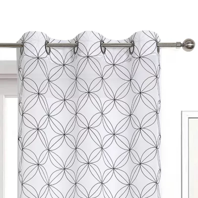 Regal Home Perth Geometric Embroidery Grommet Top Sheer Set of 2 Curtain Panel