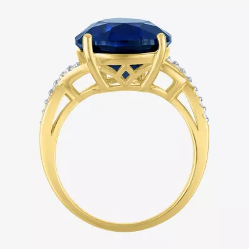 Womens Lab Created Blue Sapphire 14K Gold Over Silver Pear Side Stone Cocktail Ring