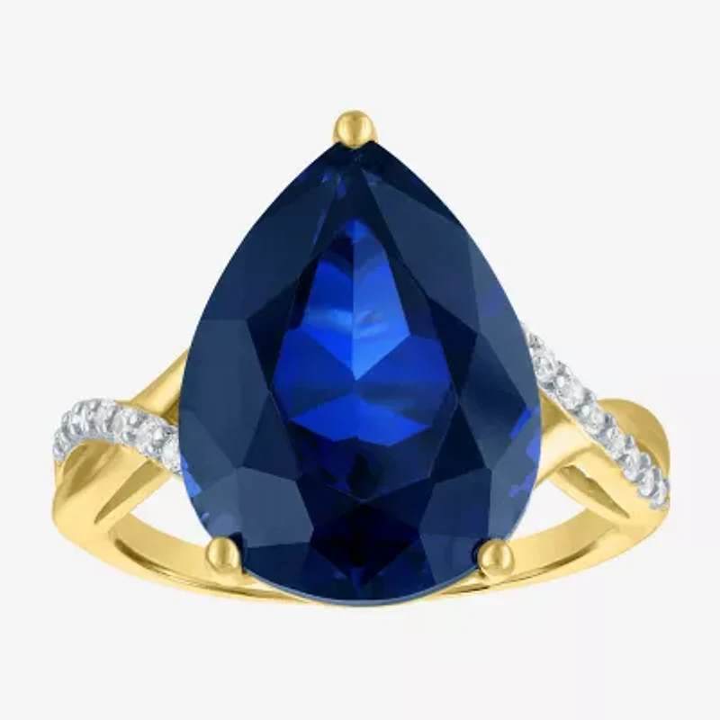 Womens Lab Created Blue Sapphire 14K Gold Over Silver Pear Side Stone Cocktail Ring